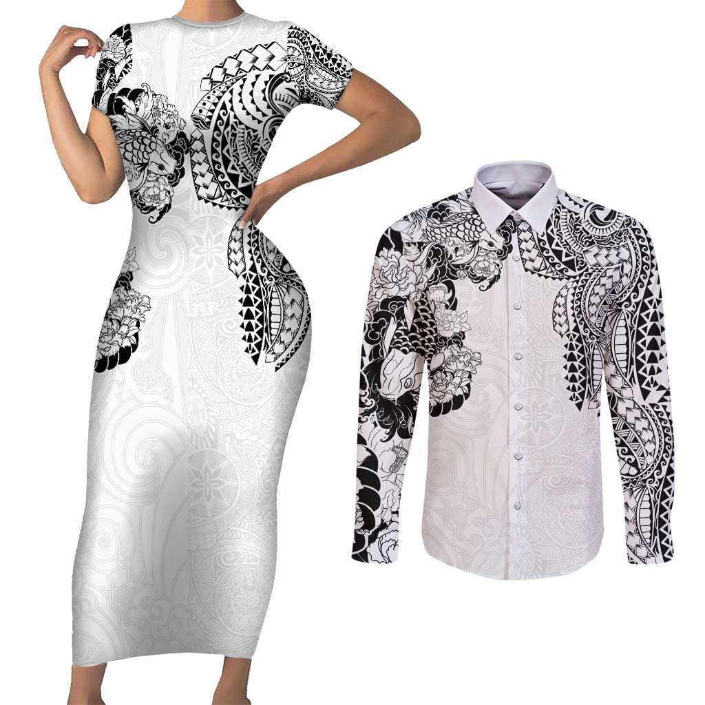 Japanese Irezumi and Hawaiian Polynesian Art Tattoo Couples Matching Short Sleeve Bodycon Dress and Long Sleeve Button Shirt White Color - Wonder Print Shop