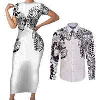 Japanese Irezumi and Hawaiian Polynesian Art Tattoo Couples Matching Short Sleeve Bodycon Dress and Long Sleeve Button Shirt White Color - Wonder Print Shop