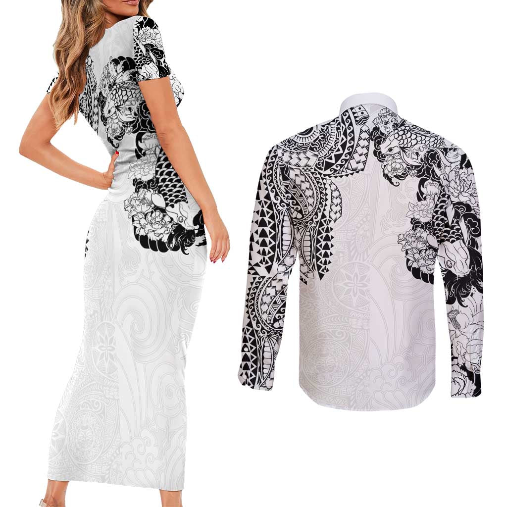 Japanese Irezumi and Hawaiian Polynesian Art Tattoo Couples Matching Short Sleeve Bodycon Dress and Long Sleeve Button Shirt White Color - Wonder Print Shop