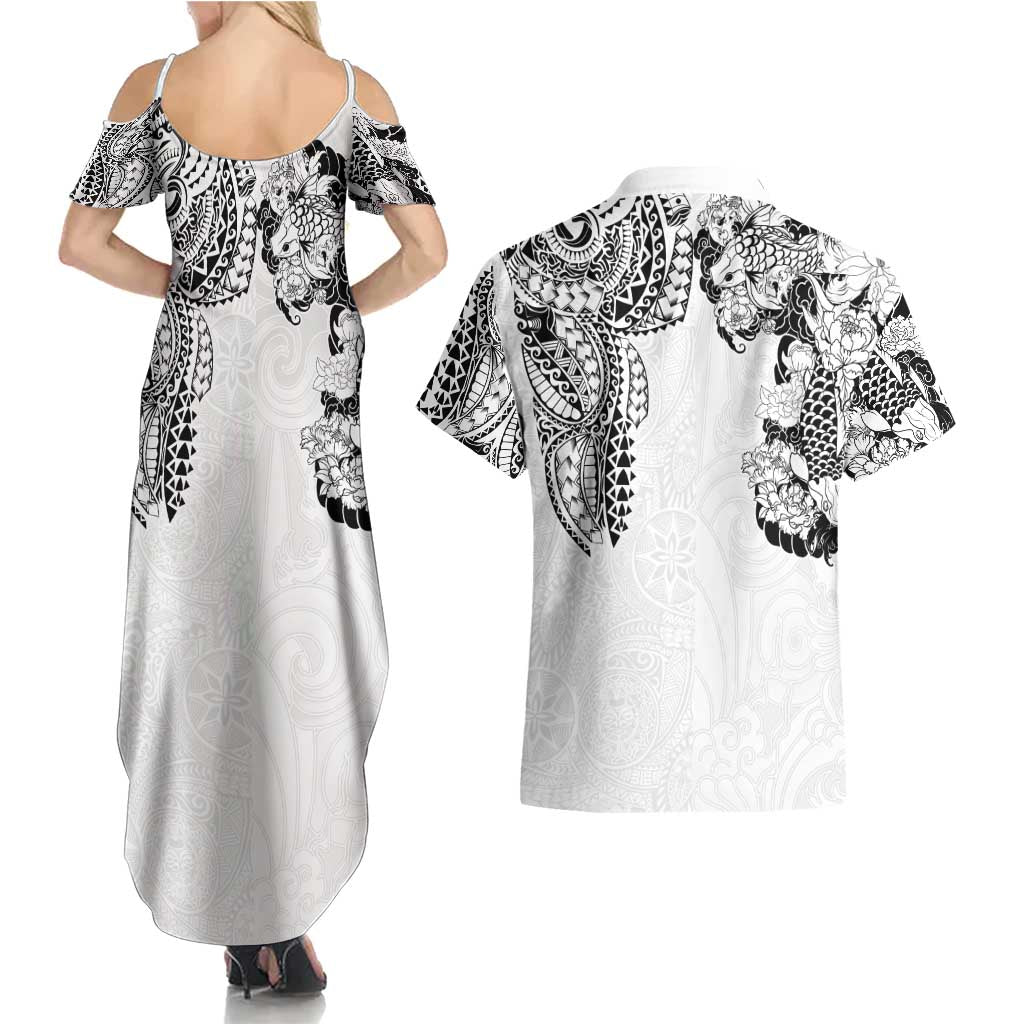 Japanese Irezumi and Hawaiian Polynesian Art Tattoo Couples Matching Summer Maxi Dress and Hawaiian Shirt White Color - Wonder Print Shop