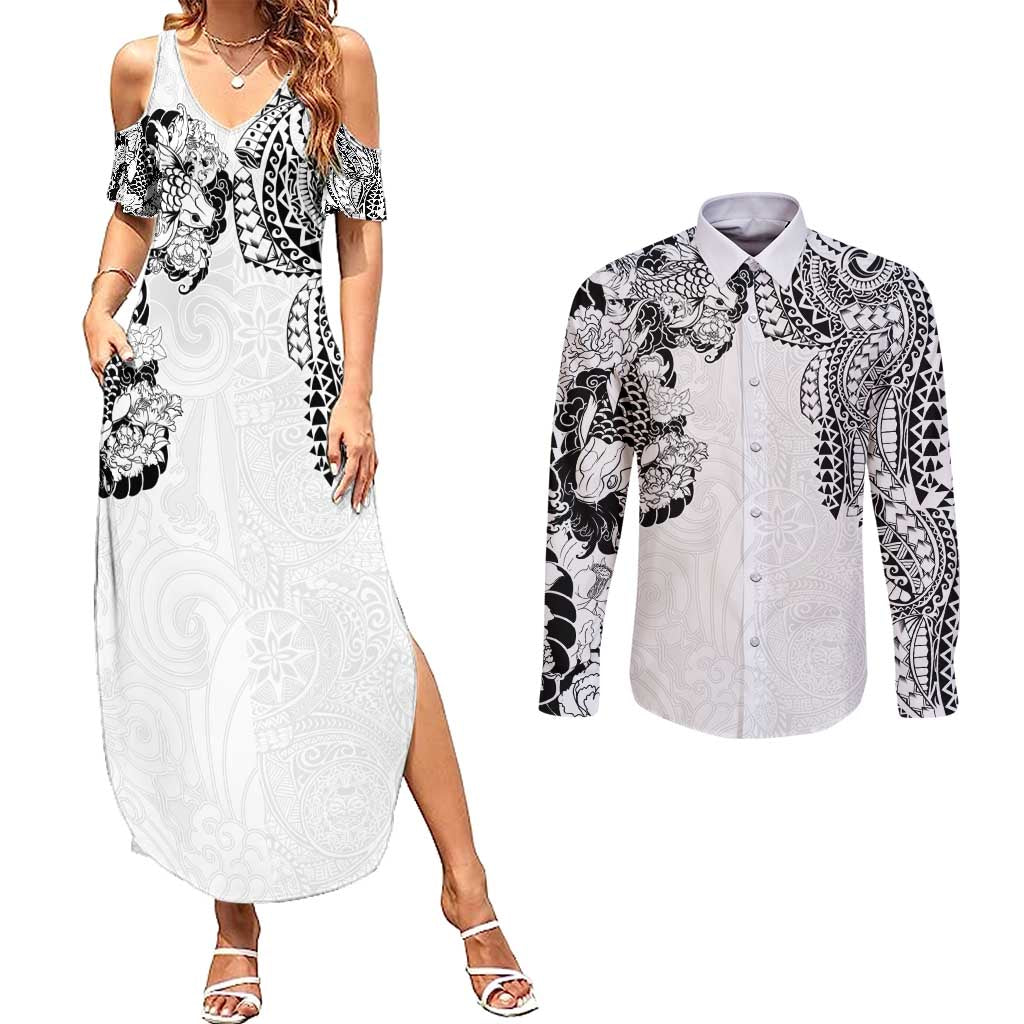 Japanese Irezumi and Hawaiian Polynesian Art Tattoo Couples Matching Summer Maxi Dress and Long Sleeve Button Shirt White Color - Wonder Print Shop