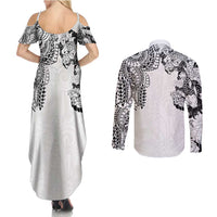 Japanese Irezumi and Hawaiian Polynesian Art Tattoo Couples Matching Summer Maxi Dress and Long Sleeve Button Shirt White Color - Wonder Print Shop