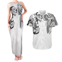 Japanese Irezumi and Hawaiian Polynesian Art Tattoo Couples Matching Tank Maxi Dress and Hawaiian Shirt White Color - Wonder Print Shop
