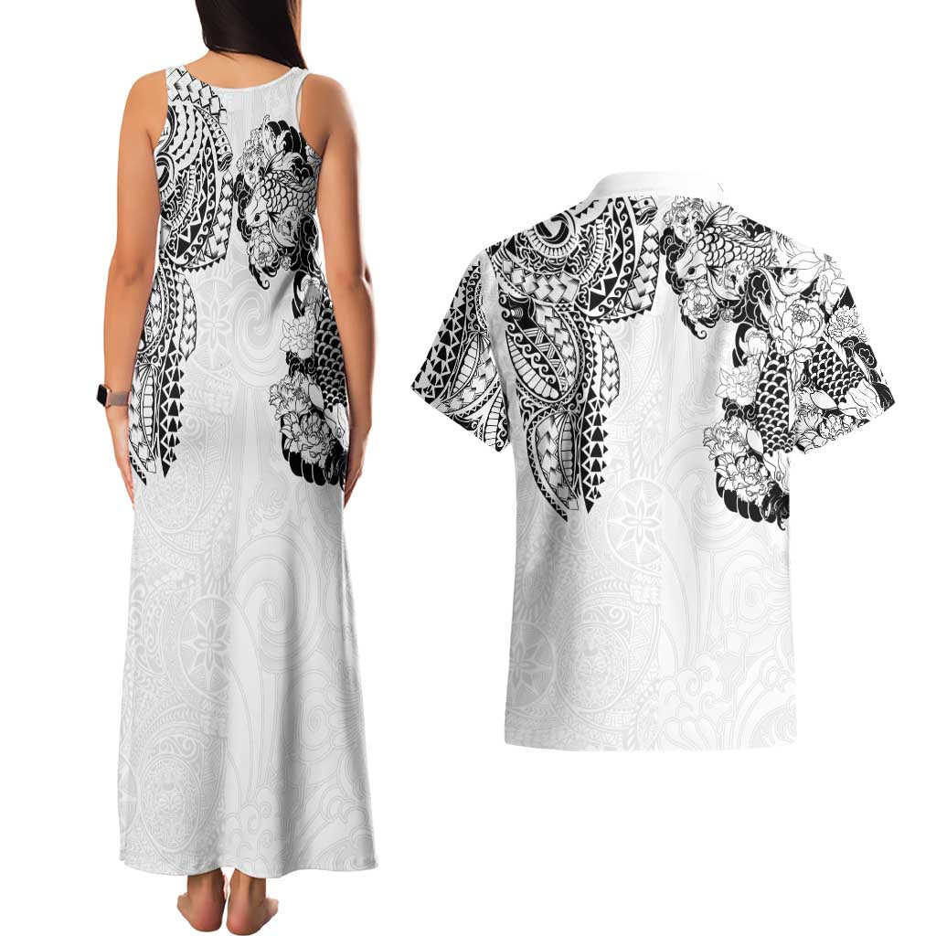 Japanese Irezumi and Hawaiian Polynesian Art Tattoo Couples Matching Tank Maxi Dress and Hawaiian Shirt White Color - Wonder Print Shop
