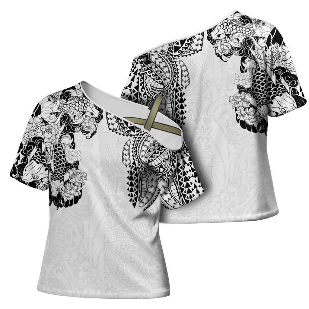 Japanese Irezumi and Hawaiian Polynesian Art Tattoo Cross Shoulder Shirt White Color - Wonder Print Shop