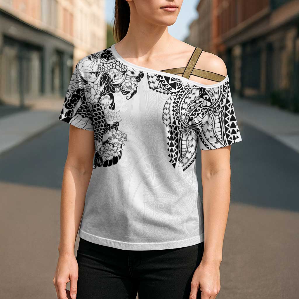 Japanese Irezumi and Hawaiian Polynesian Art Tattoo Cross Shoulder Shirt White Color - Wonder Print Shop