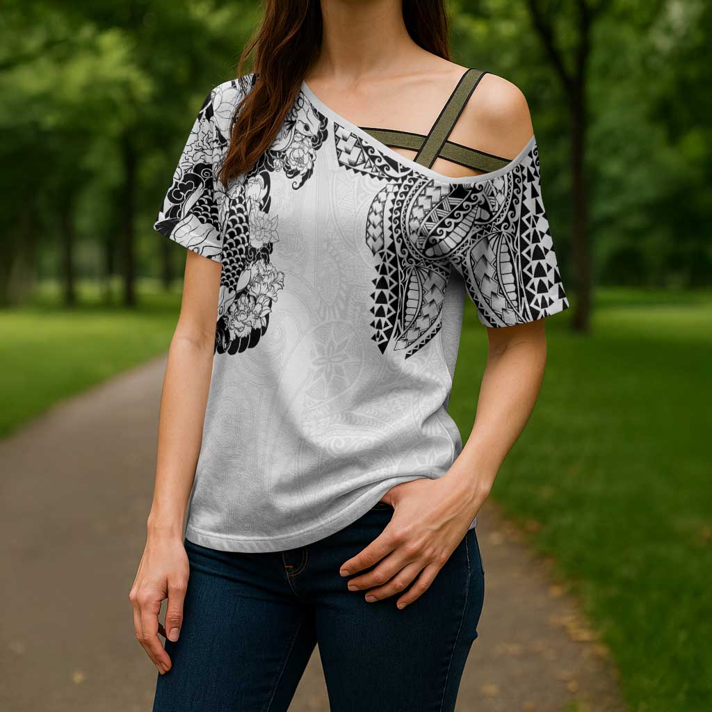 Japanese Irezumi and Hawaiian Polynesian Art Tattoo Cross Shoulder Shirt White Color - Wonder Print Shop