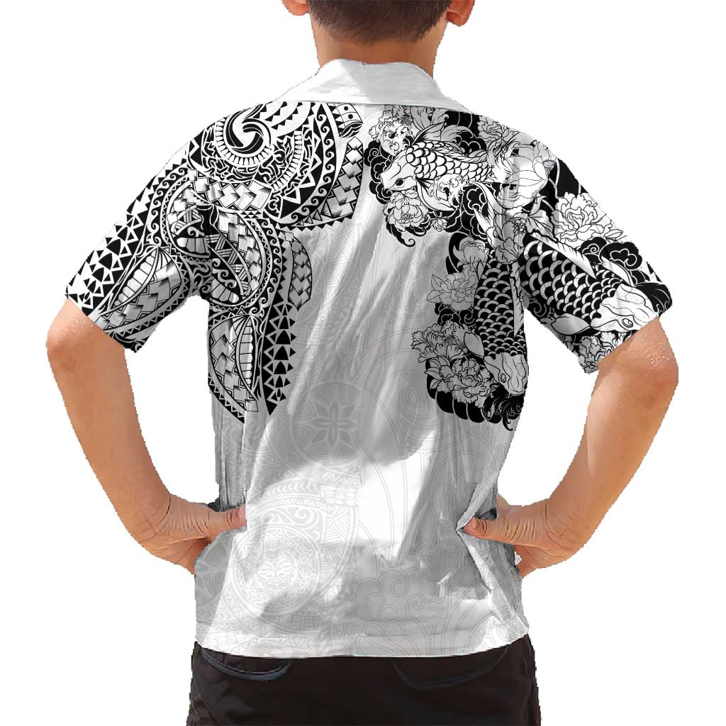 Japanese Irezumi and Hawaiian Polynesian Art Tattoo Family Matching Long Sleeve Bodycon Dress and Hawaiian Shirt White Color - Wonder Print Shop