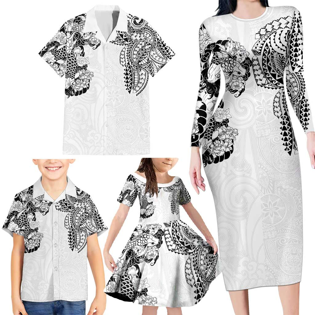 Japanese Irezumi and Hawaiian Polynesian Art Tattoo Family Matching Long Sleeve Bodycon Dress and Hawaiian Shirt White Color - Wonder Print Shop