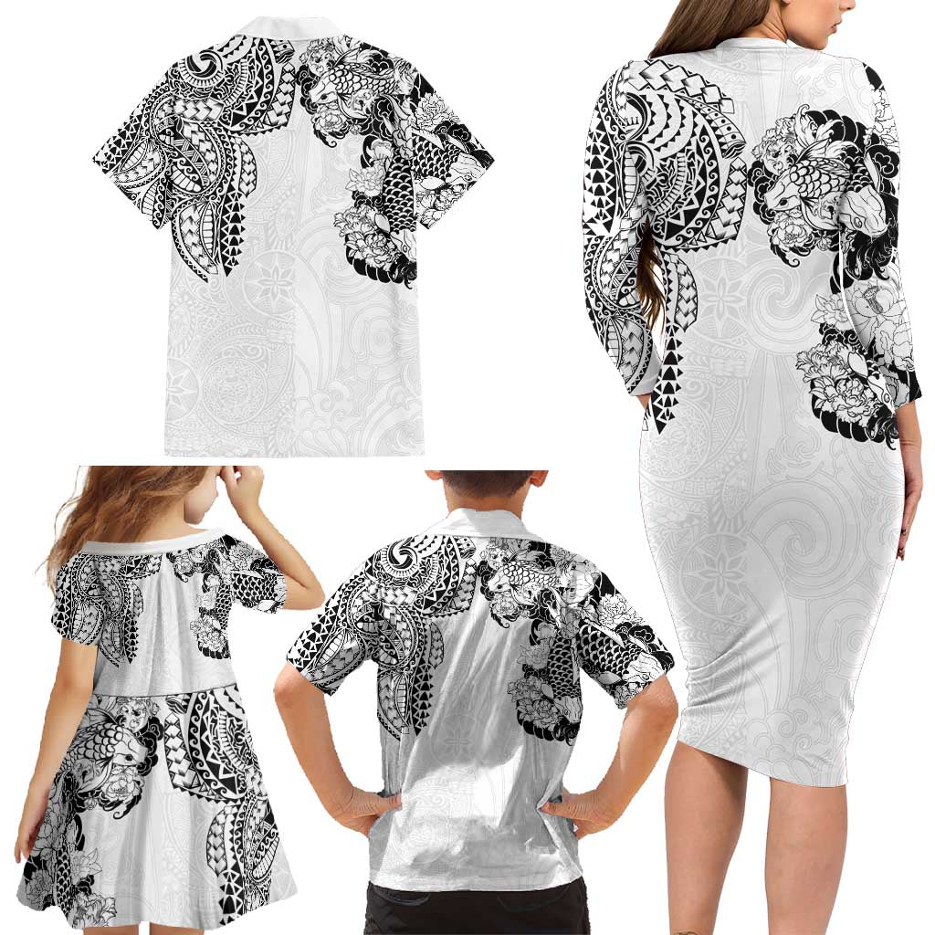 Japanese Irezumi and Hawaiian Polynesian Art Tattoo Family Matching Long Sleeve Bodycon Dress and Hawaiian Shirt White Color - Wonder Print Shop