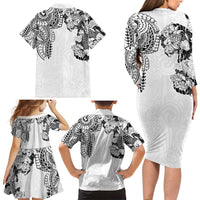 Japanese Irezumi and Hawaiian Polynesian Art Tattoo Family Matching Long Sleeve Bodycon Dress and Hawaiian Shirt White Color - Wonder Print Shop