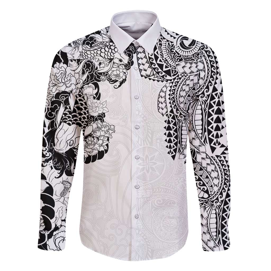Japanese Irezumi and Hawaiian Polynesian Art Tattoo Family Matching Long Sleeve Bodycon Dress and Hawaiian Shirt White Color - Wonder Print Shop