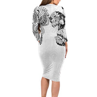 Japanese Irezumi and Hawaiian Polynesian Art Tattoo Family Matching Long Sleeve Bodycon Dress and Hawaiian Shirt White Color - Wonder Print Shop
