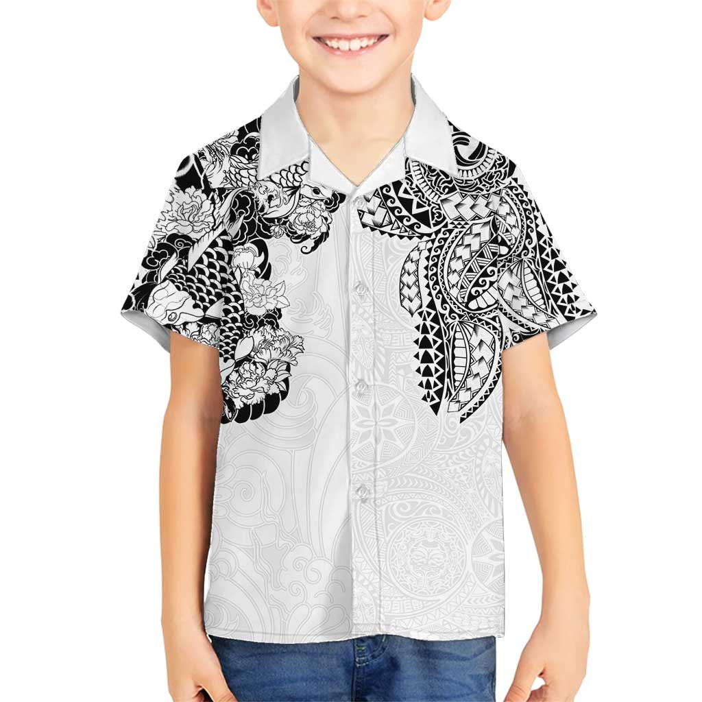 Japanese Irezumi and Hawaiian Polynesian Art Tattoo Family Matching Long Sleeve Bodycon Dress and Hawaiian Shirt White Color - Wonder Print Shop