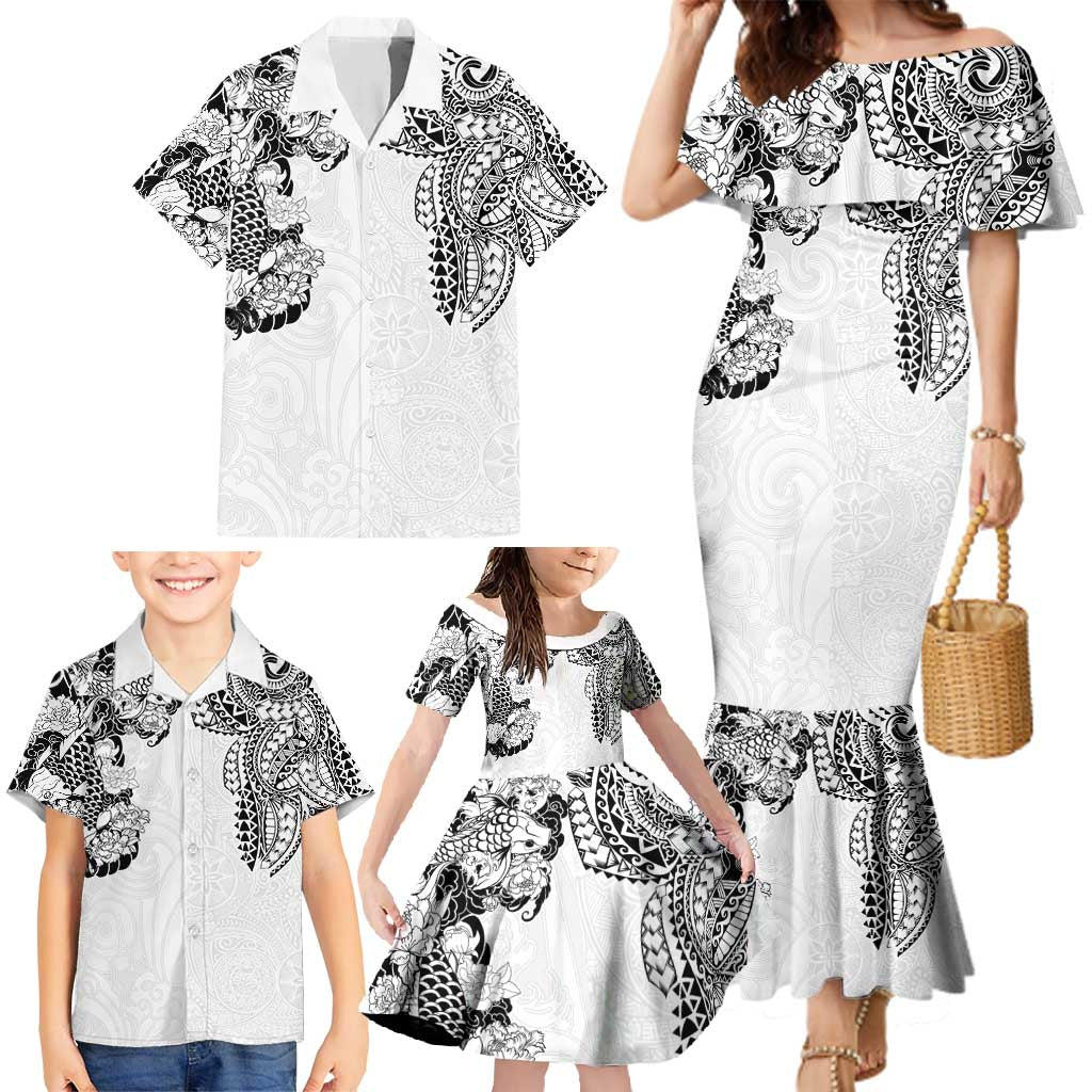Japanese Irezumi and Hawaiian Polynesian Art Tattoo Family Matching Mermaid Dress and Hawaiian Shirt White Color - Wonder Print Shop