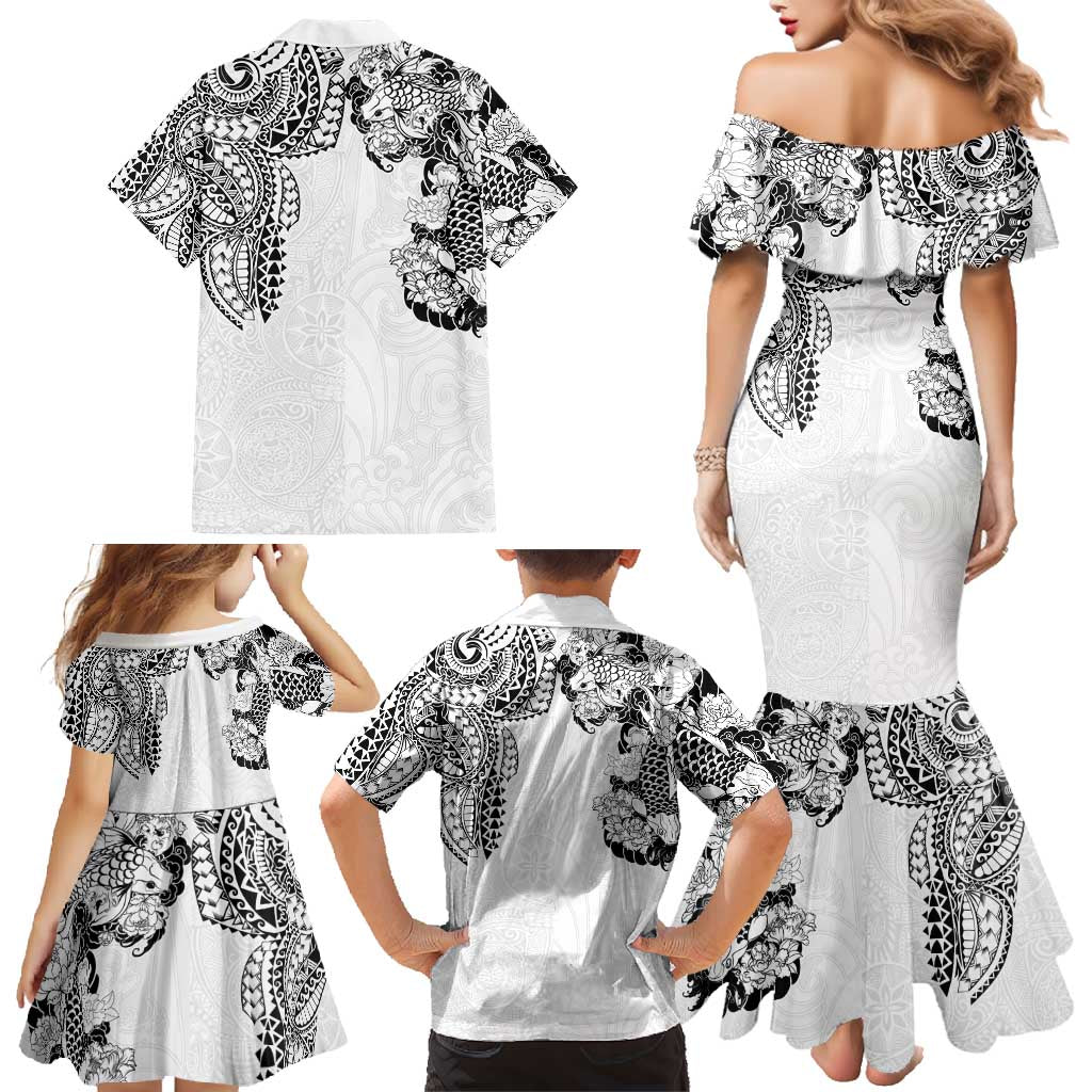 Japanese Irezumi and Hawaiian Polynesian Art Tattoo Family Matching Mermaid Dress and Hawaiian Shirt White Color - Wonder Print Shop