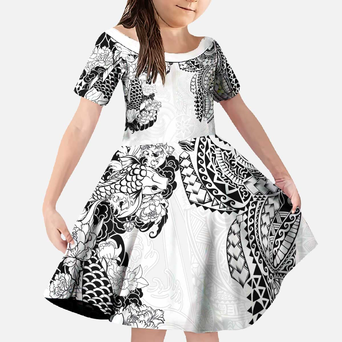 Japanese Irezumi and Hawaiian Polynesian Art Tattoo Family Matching Off The Shoulder Long Sleeve Dress and Hawaiian Shirt White Color - Wonder Print Shop