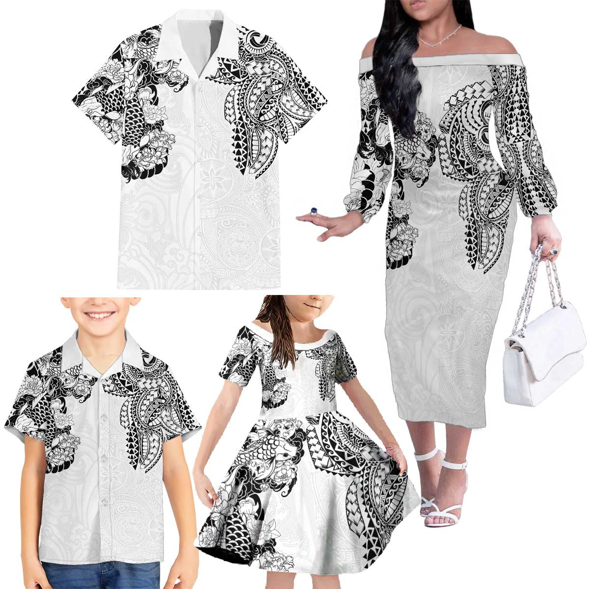 Japanese Irezumi and Hawaiian Polynesian Art Tattoo Family Matching Off The Shoulder Long Sleeve Dress and Hawaiian Shirt White Color - Wonder Print Shop