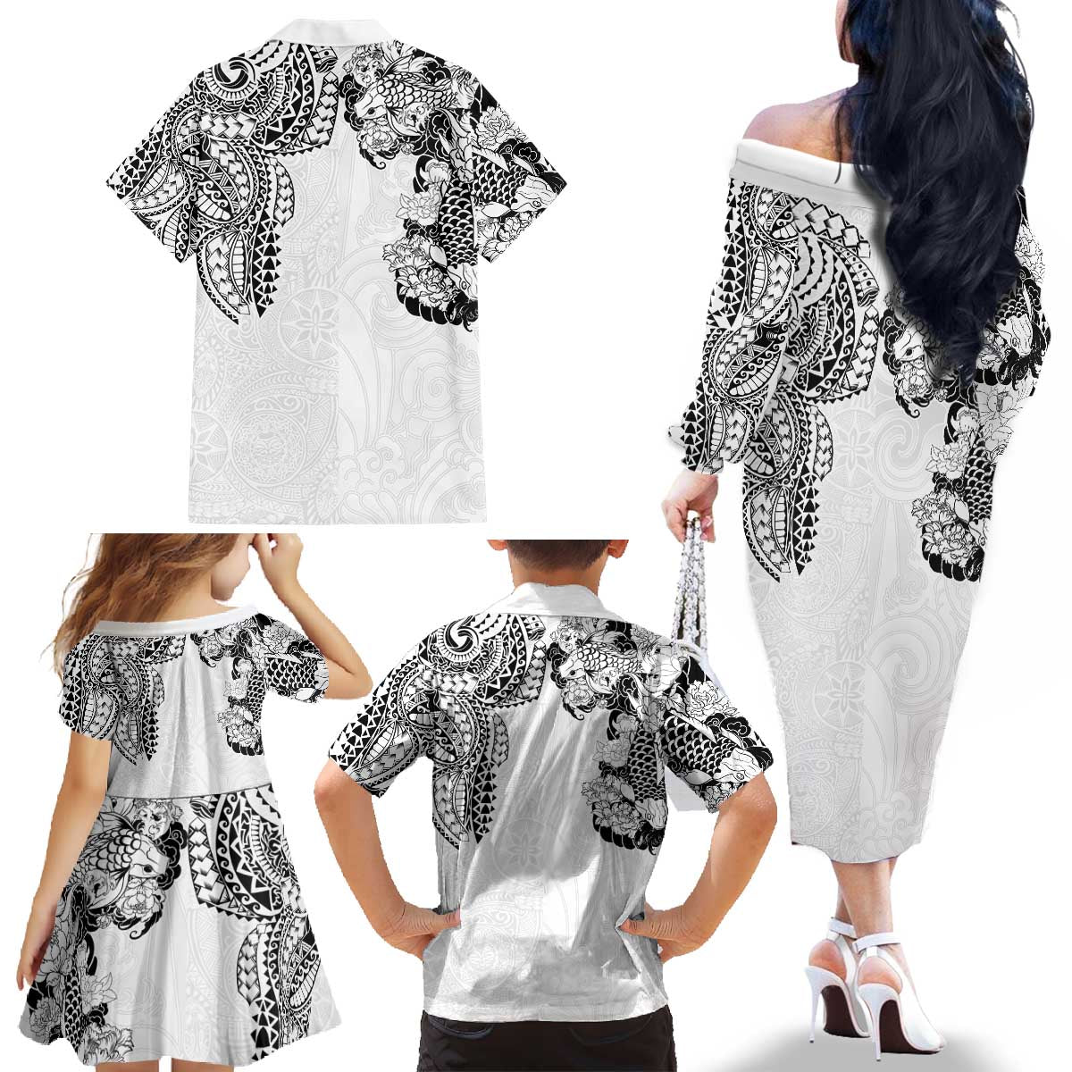Japanese Irezumi and Hawaiian Polynesian Art Tattoo Family Matching Off The Shoulder Long Sleeve Dress and Hawaiian Shirt White Color - Wonder Print Shop