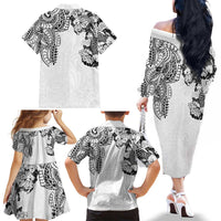Japanese Irezumi and Hawaiian Polynesian Art Tattoo Family Matching Off The Shoulder Long Sleeve Dress and Hawaiian Shirt White Color - Wonder Print Shop