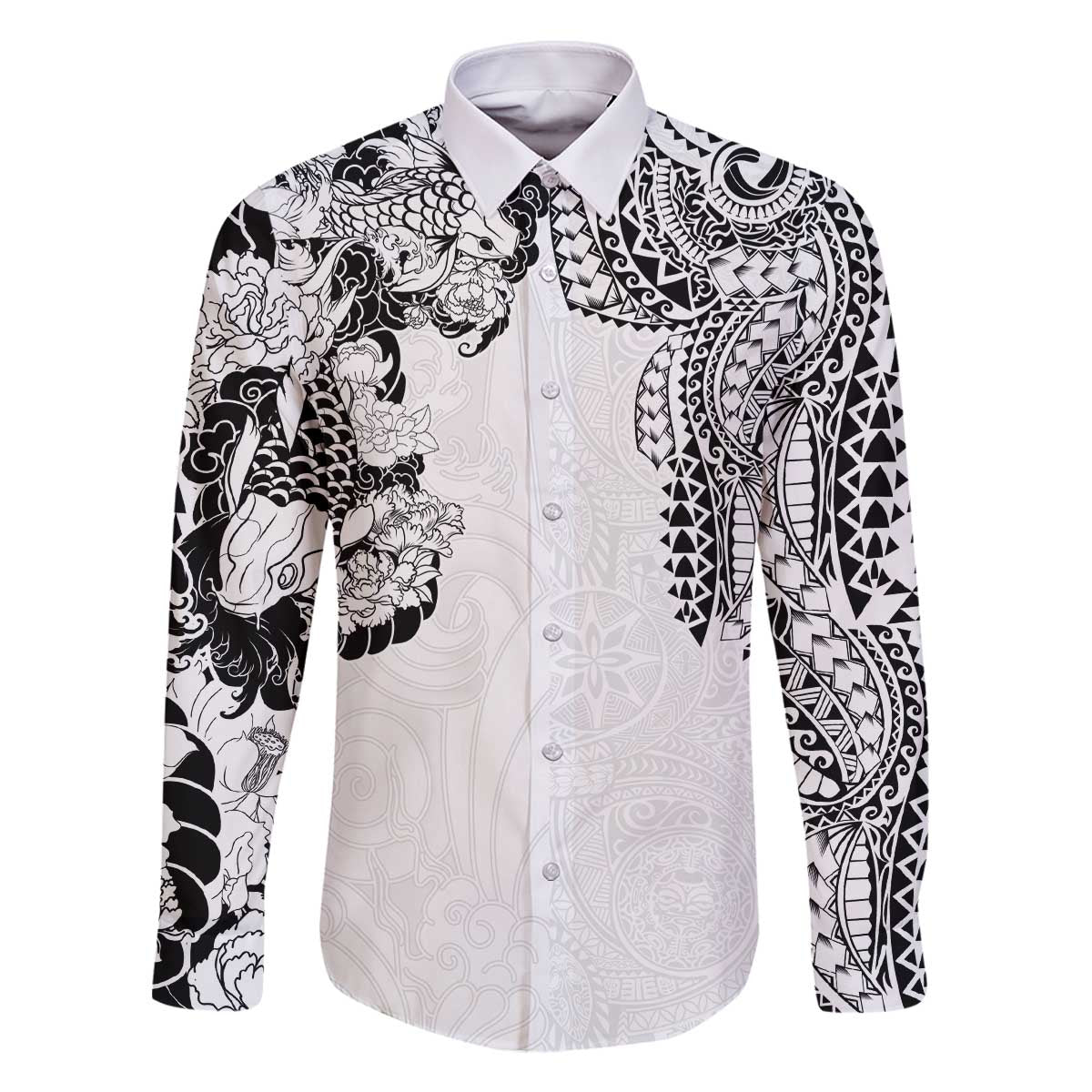 Japanese Irezumi and Hawaiian Polynesian Art Tattoo Family Matching Off The Shoulder Long Sleeve Dress and Hawaiian Shirt White Color - Wonder Print Shop