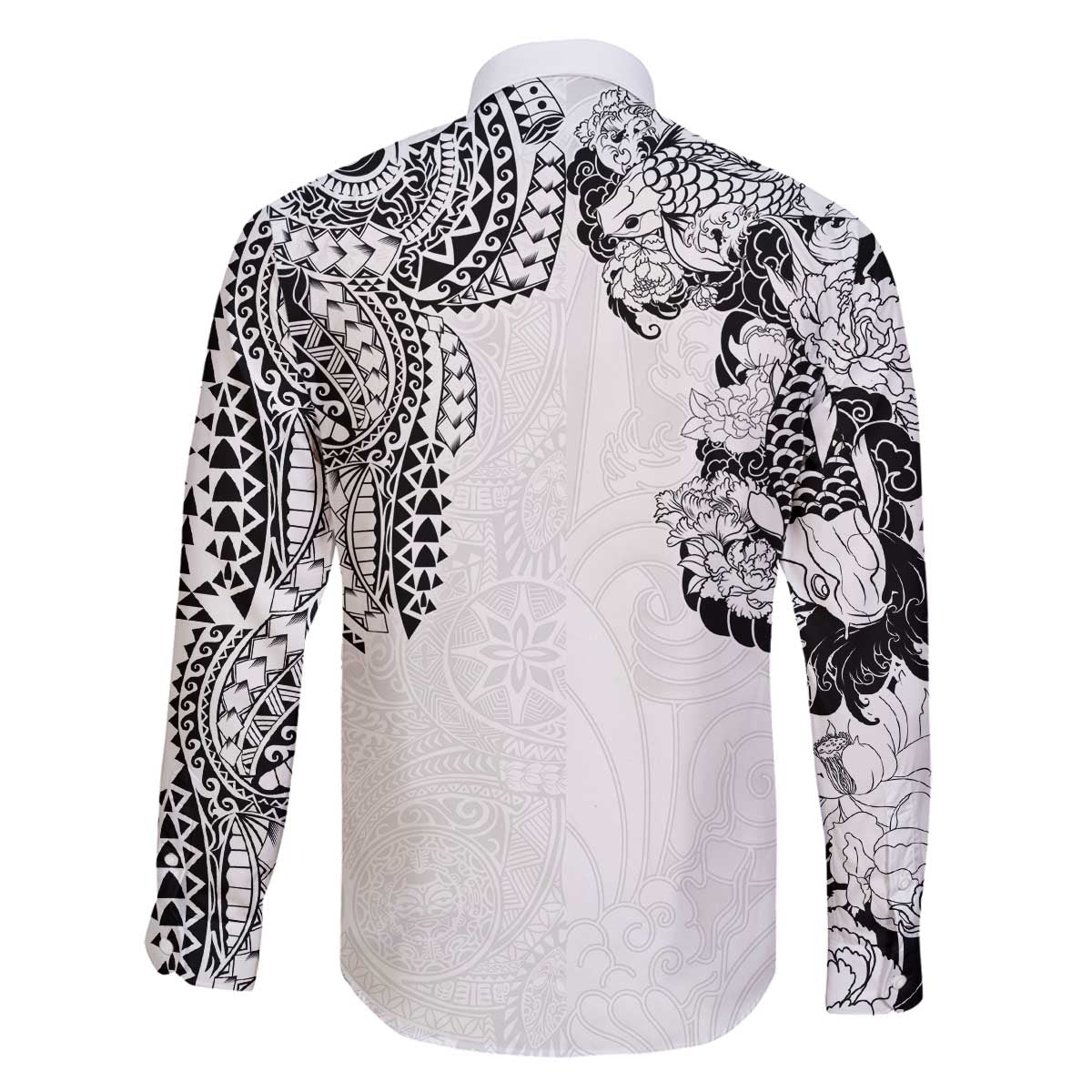 Japanese Irezumi and Hawaiian Polynesian Art Tattoo Family Matching Off The Shoulder Long Sleeve Dress and Hawaiian Shirt White Color - Wonder Print Shop