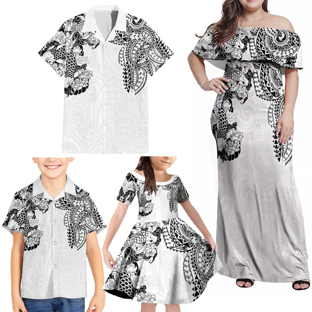 Japanese Irezumi and Hawaiian Polynesian Art Tattoo Family Matching Off Shoulder Maxi Dress and Hawaiian Shirt White Color - Wonder Print Shop