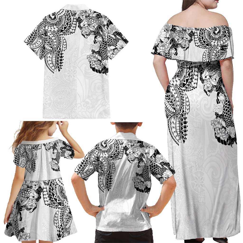 Japanese Irezumi and Hawaiian Polynesian Art Tattoo Family Matching Off Shoulder Maxi Dress and Hawaiian Shirt White Color - Wonder Print Shop