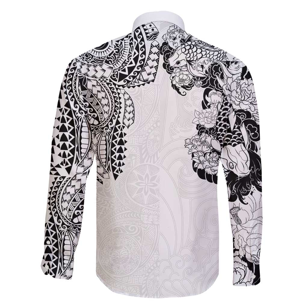 Japanese Irezumi and Hawaiian Polynesian Art Tattoo Family Matching Off Shoulder Maxi Dress and Hawaiian Shirt White Color - Wonder Print Shop