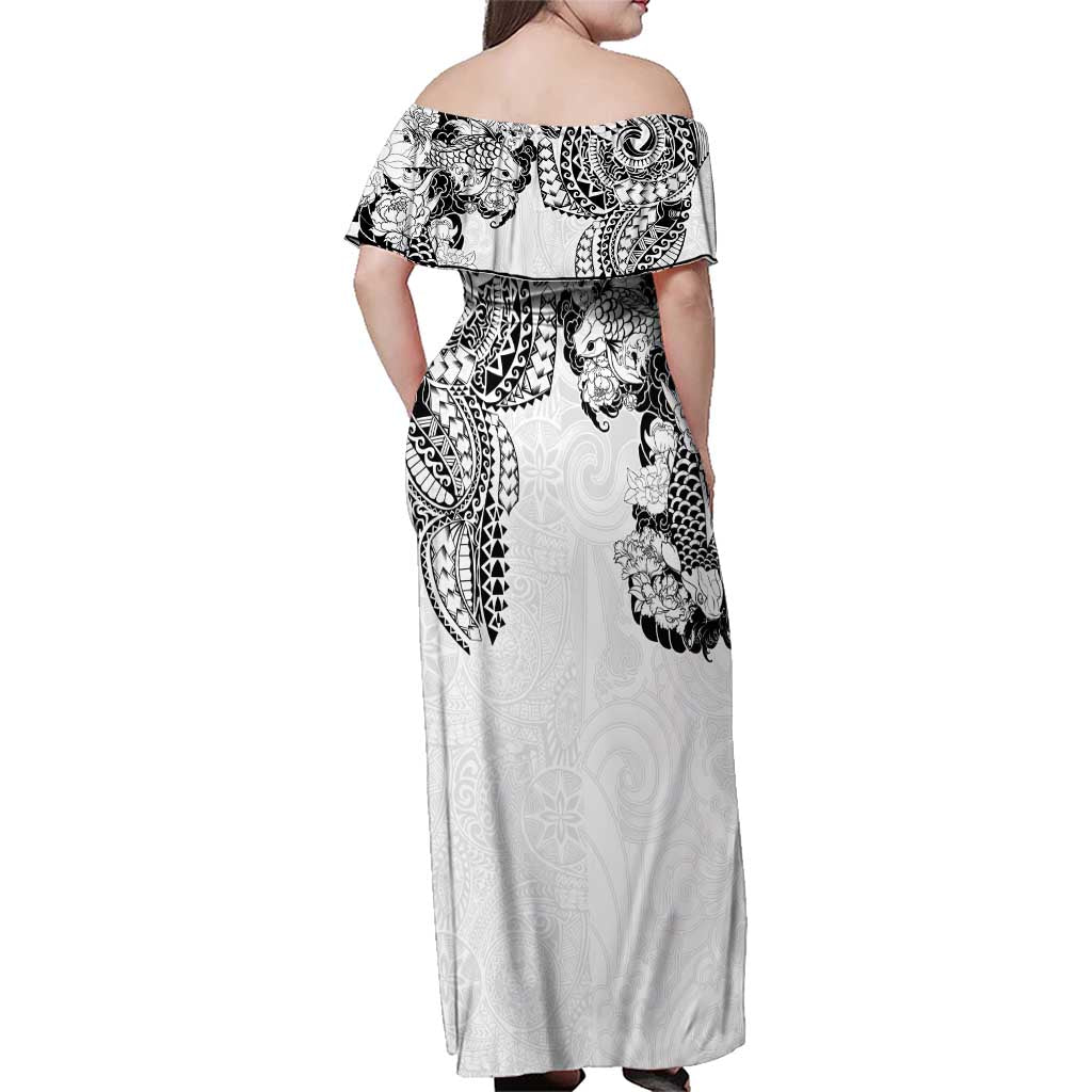 Japanese Irezumi and Hawaiian Polynesian Art Tattoo Family Matching Off Shoulder Maxi Dress and Hawaiian Shirt White Color - Wonder Print Shop