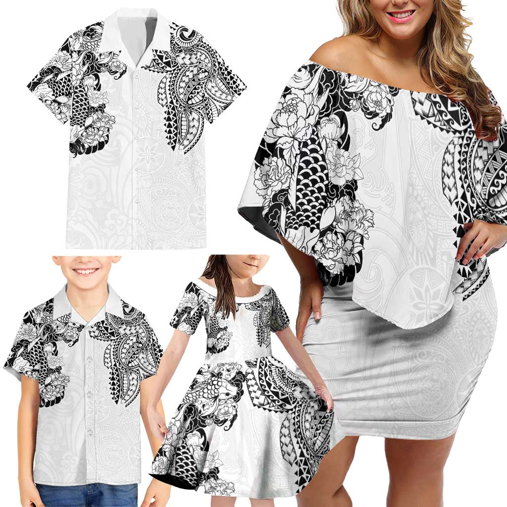 Japanese Irezumi and Hawaiian Polynesian Art Tattoo Family Matching Off Shoulder Short Dress and Hawaiian Shirt White Color - Wonder Print Shop