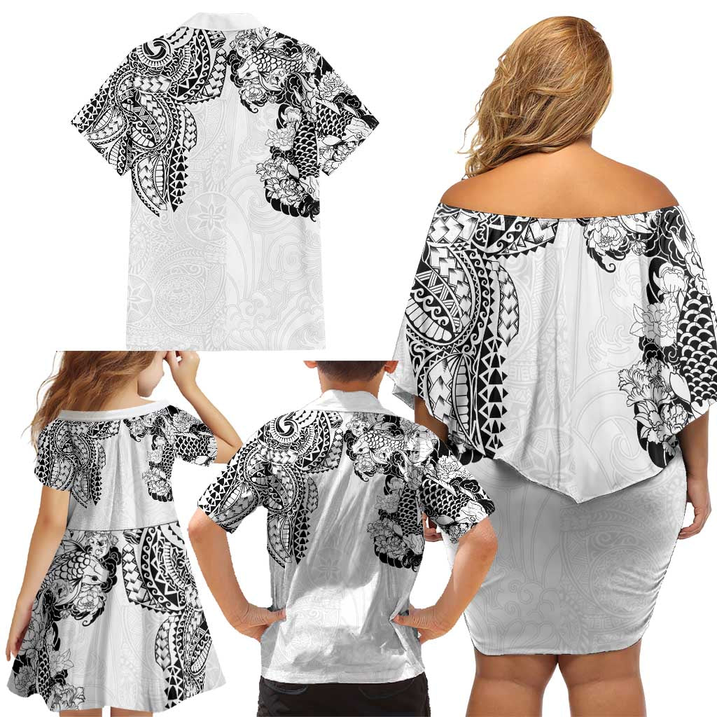 Japanese Irezumi and Hawaiian Polynesian Art Tattoo Family Matching Off Shoulder Short Dress and Hawaiian Shirt White Color - Wonder Print Shop