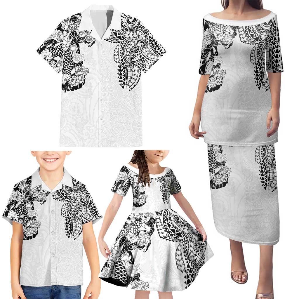 Japanese Irezumi and Hawaiian Polynesian Art Tattoo Family Matching Puletasi and Hawaiian Shirt White Color - Wonder Print Shop