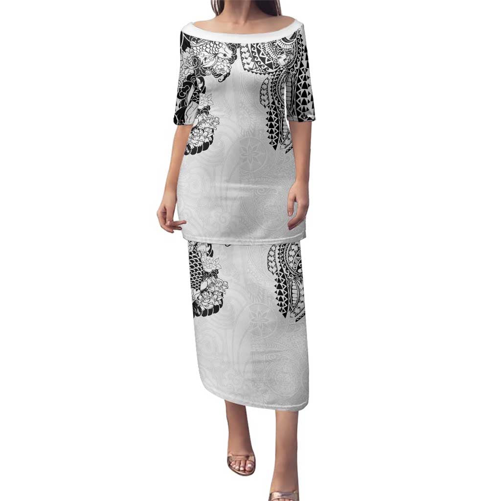 Japanese Irezumi and Hawaiian Polynesian Art Tattoo Family Matching Puletasi and Hawaiian Shirt White Color - Wonder Print Shop