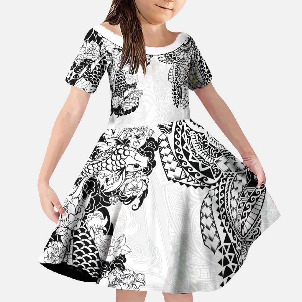 Japanese Irezumi and Hawaiian Polynesian Art Tattoo Family Matching Short Sleeve Bodycon Dress and Hawaiian Shirt White Color - Wonder Print Shop