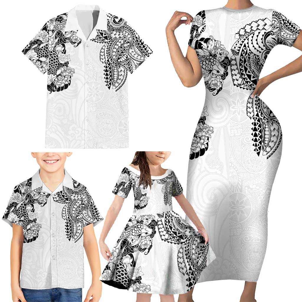 Japanese Irezumi and Hawaiian Polynesian Art Tattoo Family Matching Short Sleeve Bodycon Dress and Hawaiian Shirt White Color - Wonder Print Shop