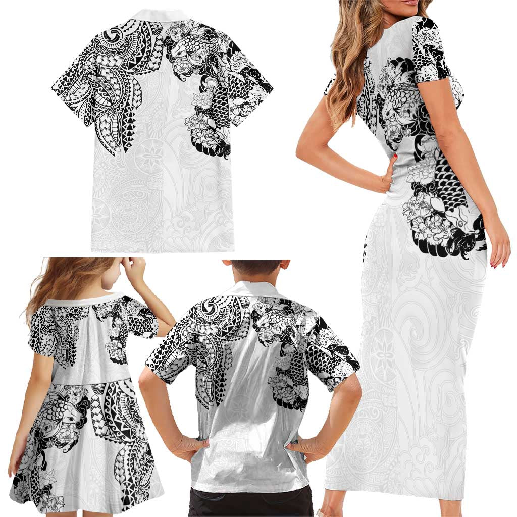 Japanese Irezumi and Hawaiian Polynesian Art Tattoo Family Matching Short Sleeve Bodycon Dress and Hawaiian Shirt White Color - Wonder Print Shop