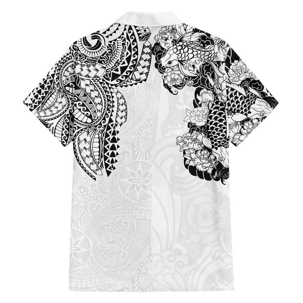 Japanese Irezumi and Hawaiian Polynesian Art Tattoo Family Matching Short Sleeve Bodycon Dress and Hawaiian Shirt White Color - Wonder Print Shop
