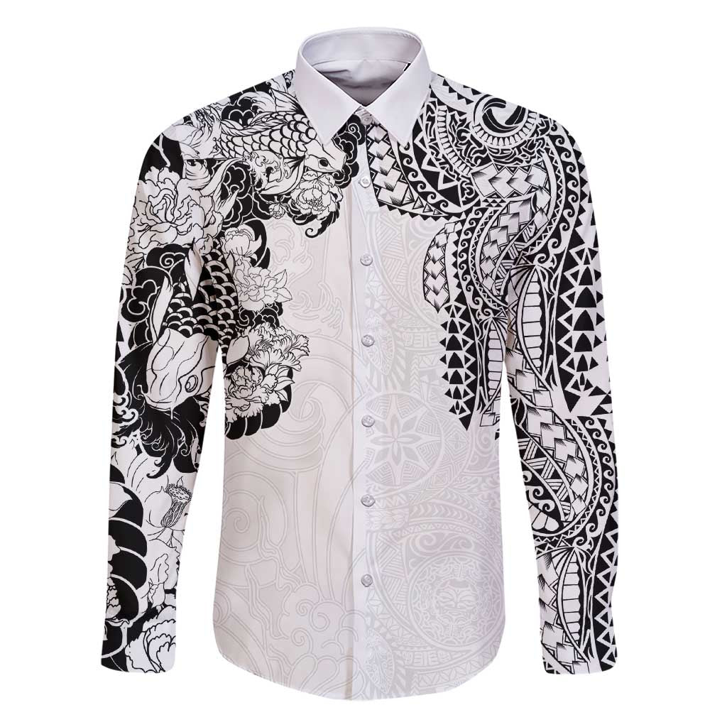 Japanese Irezumi and Hawaiian Polynesian Art Tattoo Family Matching Short Sleeve Bodycon Dress and Hawaiian Shirt White Color - Wonder Print Shop