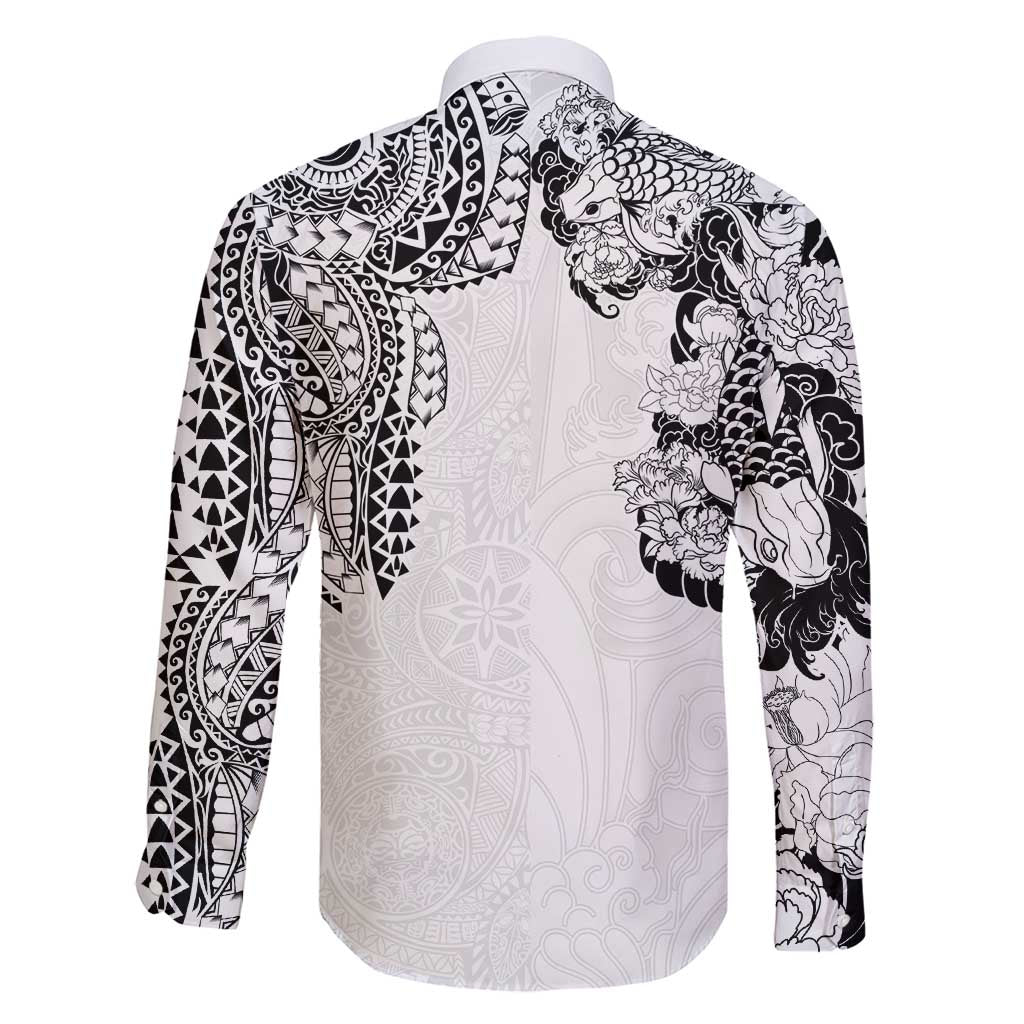 Japanese Irezumi and Hawaiian Polynesian Art Tattoo Family Matching Short Sleeve Bodycon Dress and Hawaiian Shirt White Color - Wonder Print Shop