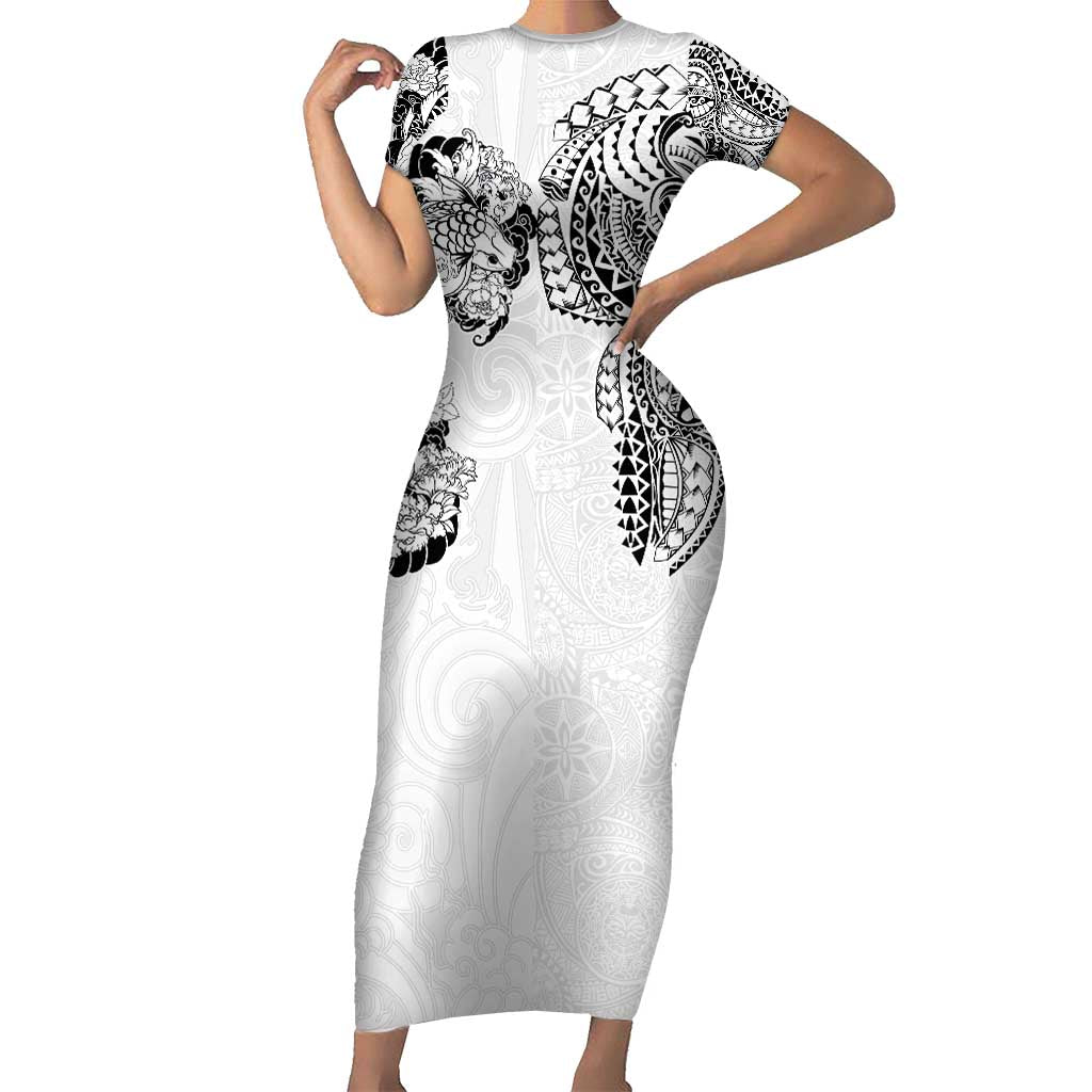 Japanese Irezumi and Hawaiian Polynesian Art Tattoo Family Matching Short Sleeve Bodycon Dress and Hawaiian Shirt White Color - Wonder Print Shop