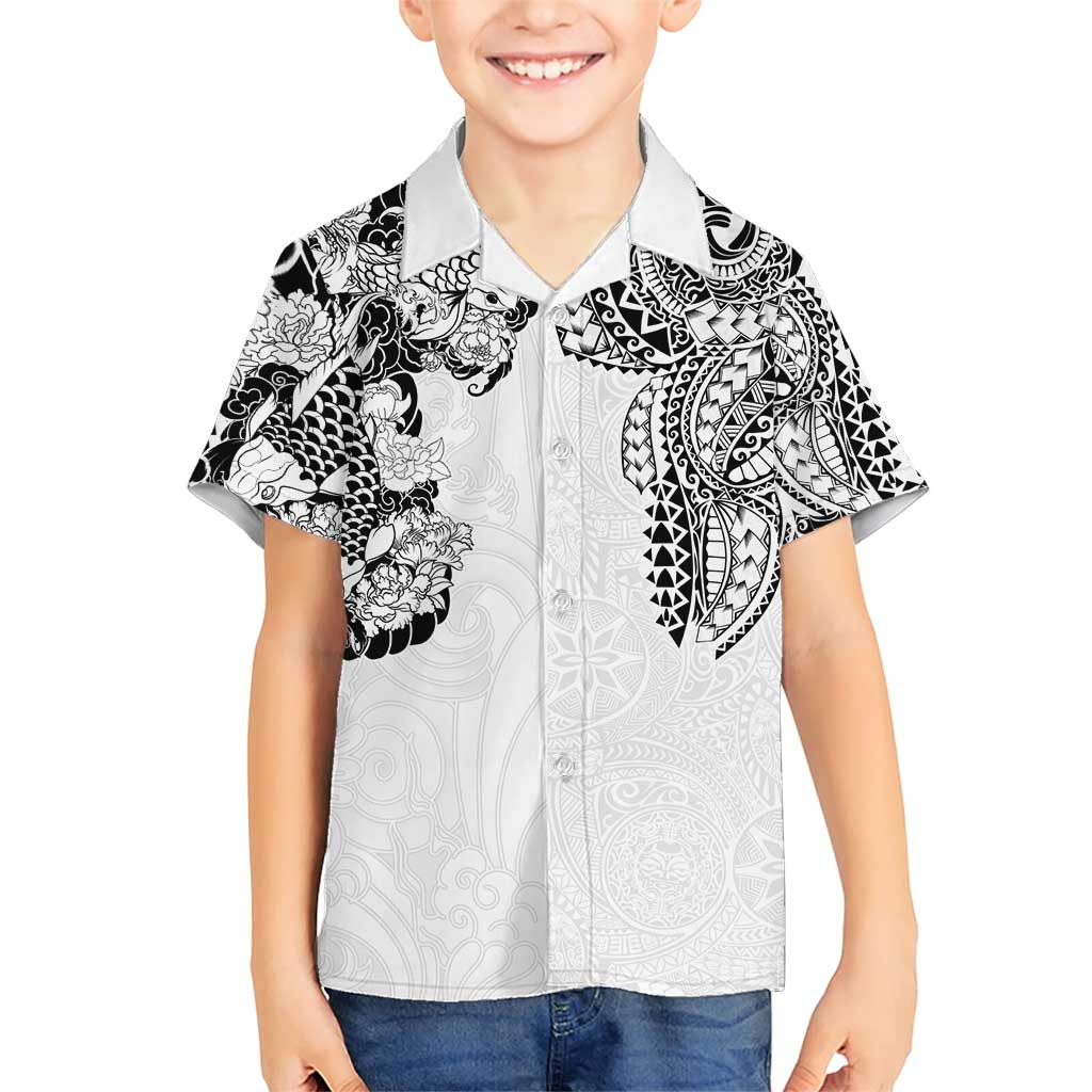 Japanese Irezumi and Hawaiian Polynesian Art Tattoo Family Matching Short Sleeve Bodycon Dress and Hawaiian Shirt White Color - Wonder Print Shop