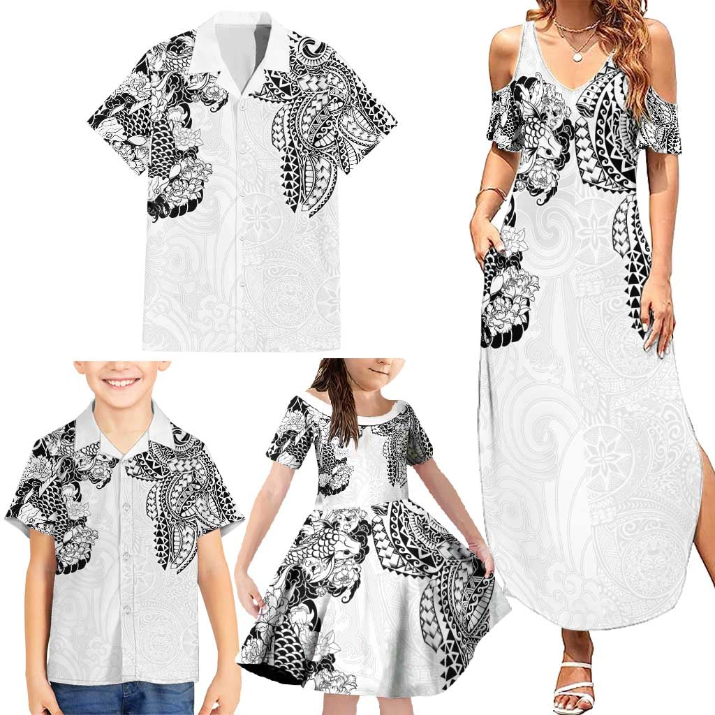 Japanese Irezumi and Hawaiian Polynesian Art Tattoo Family Matching Summer Maxi Dress and Hawaiian Shirt White Color - Wonder Print Shop