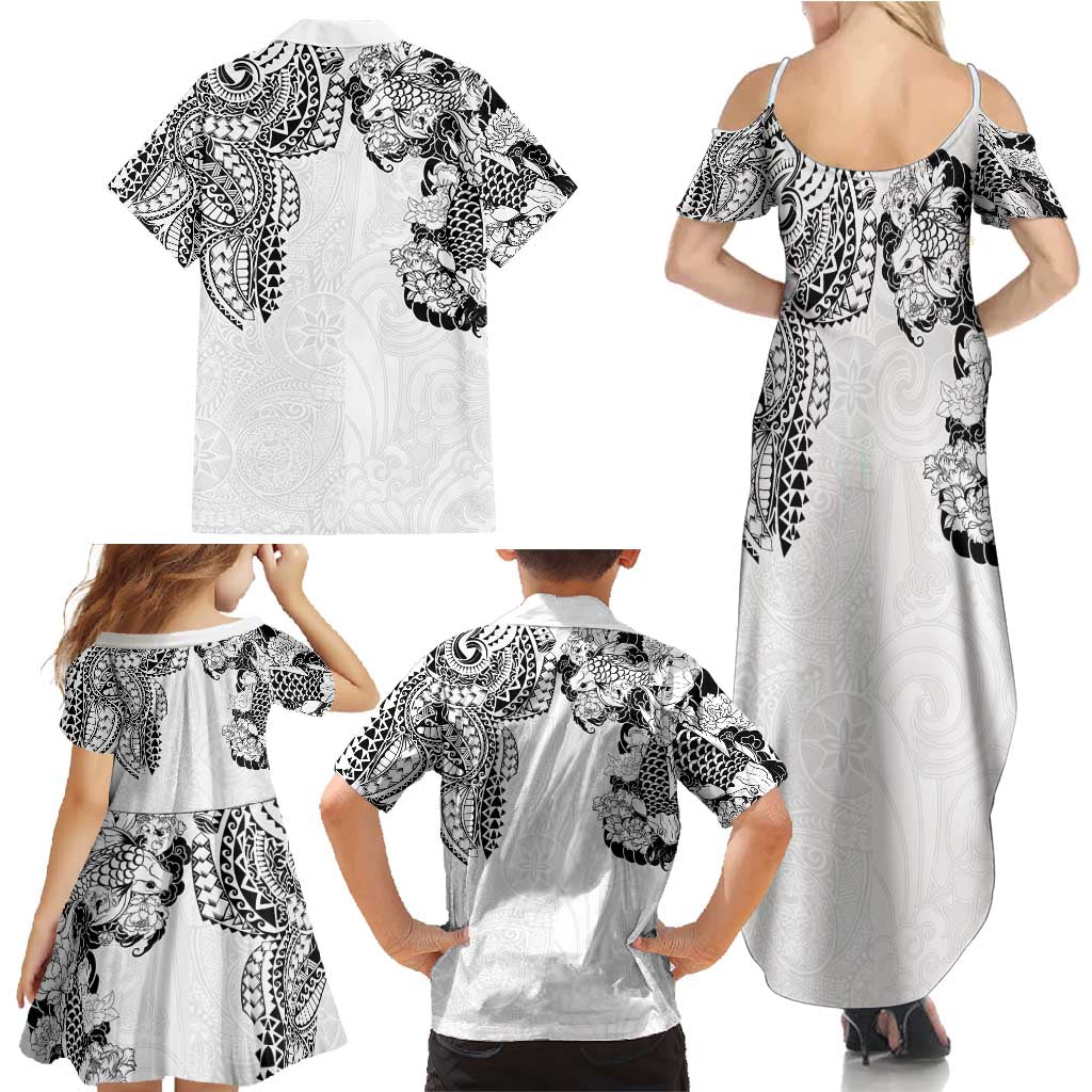 Japanese Irezumi and Hawaiian Polynesian Art Tattoo Family Matching Summer Maxi Dress and Hawaiian Shirt White Color - Wonder Print Shop