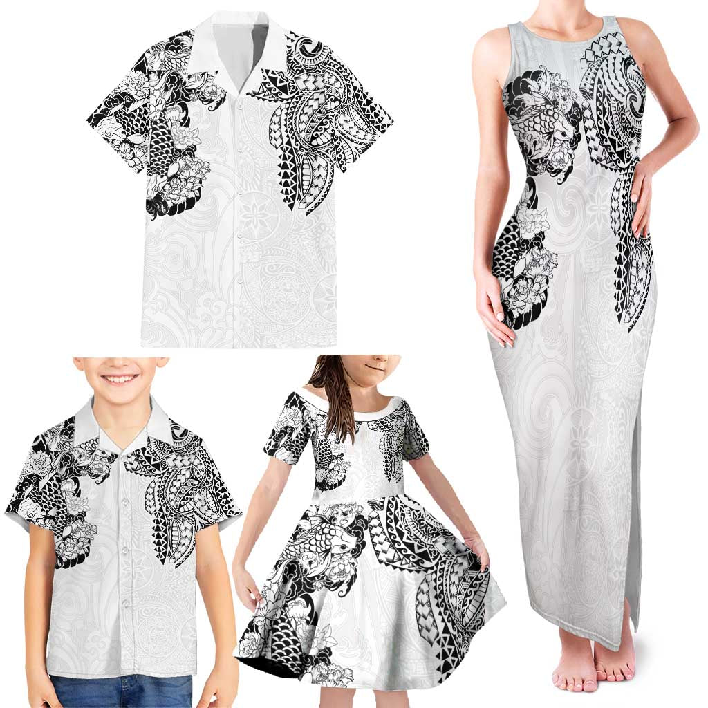 Japanese Irezumi and Hawaiian Polynesian Art Tattoo Family Matching Tank Maxi Dress and Hawaiian Shirt White Color - Wonder Print Shop