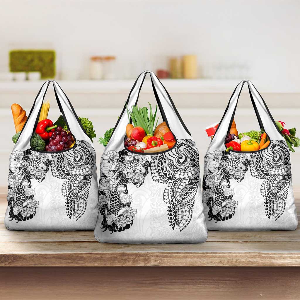 Japanese Irezumi and Hawaiian Polynesian Art Tattoo Grocery Bag White Color - Wonder Print Shop