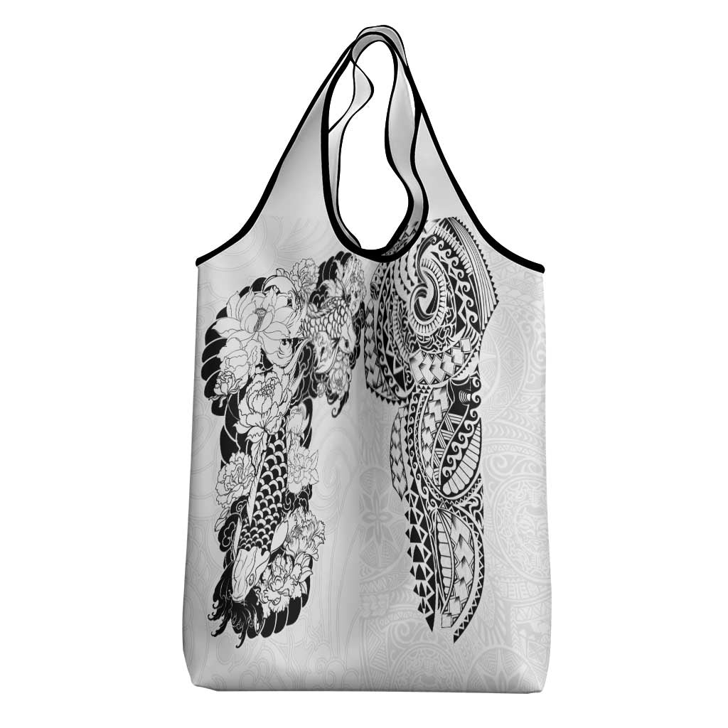 Japanese Irezumi and Hawaiian Polynesian Art Tattoo Grocery Bag White Color - Wonder Print Shop