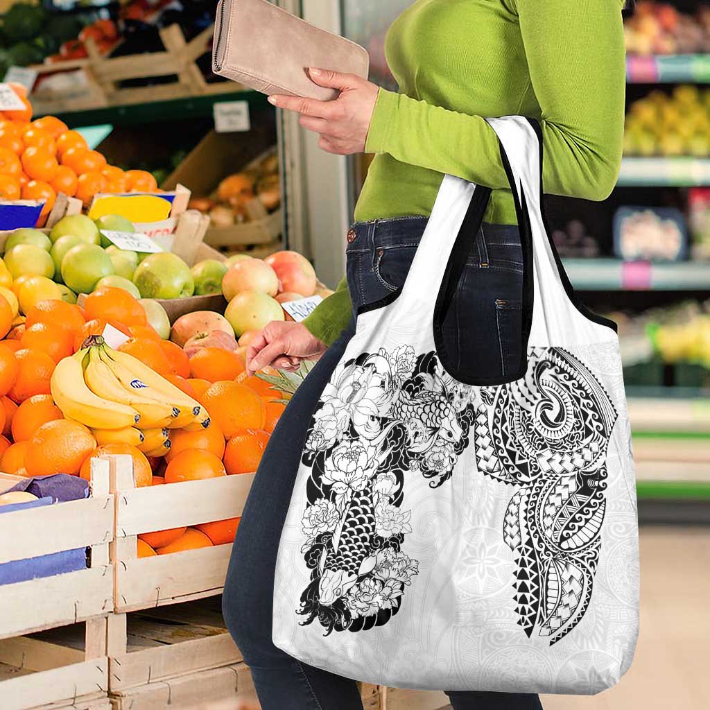 Japanese Irezumi and Hawaiian Polynesian Art Tattoo Grocery Bag White Color - Wonder Print Shop