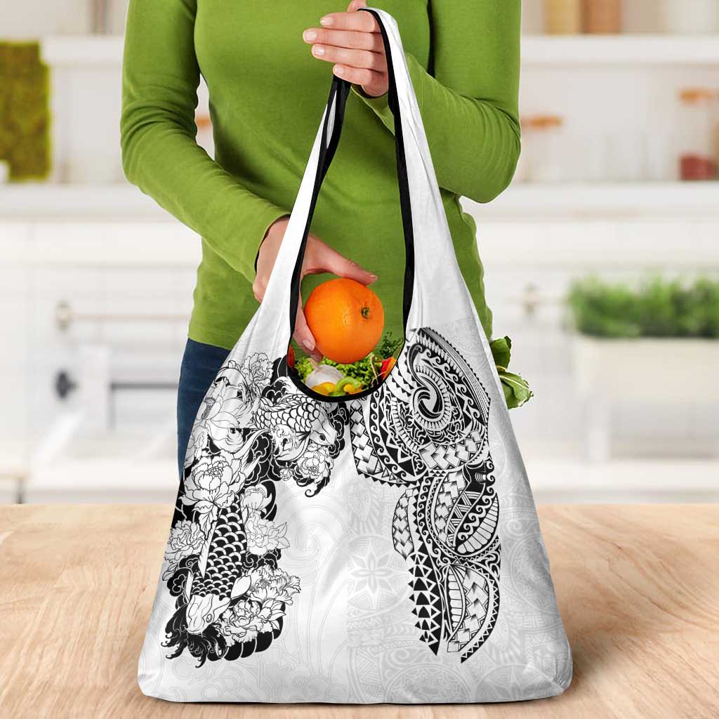 Japanese Irezumi and Hawaiian Polynesian Art Tattoo Grocery Bag White Color - Wonder Print Shop