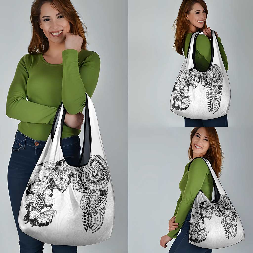 Japanese Irezumi and Hawaiian Polynesian Art Tattoo Grocery Bag White Color - Wonder Print Shop
